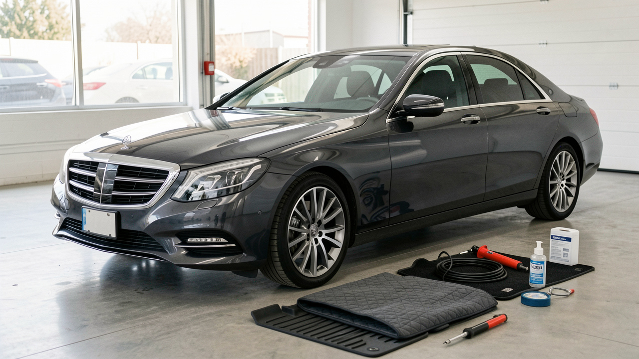 Berline compacte haut de gamme entourée d’accessoires automobiles utiles pour la protéger, l’équiper et la valoriser.