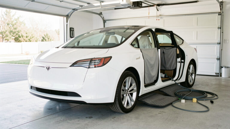 Berline électrique blanche présentée dans un garage moderne avec tapis de sol, protections intérieures, organiseur de coffre et câble de recharge soigneusement rangé.