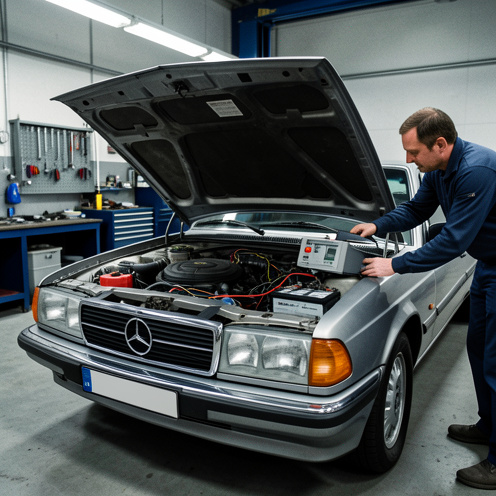 Berline française ancienne au capot ouvert, avec les composants de son système d’alarme et un appareil de diagnostic visibles dans un atelier automobile.