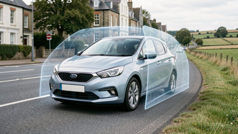 Voiture compacte moderne non siglée roulant sur une route entre ville et campagne, entourée d’un symbole de protection évoquant une assurance adaptée à sa motorisation, son usage et son budget.