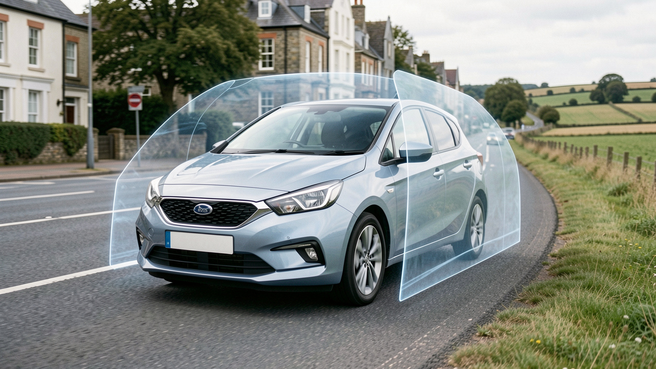 Voiture compacte moderne non siglée roulant sur une route entre ville et campagne, entourée d’un symbole de protection évoquant une assurance adaptée à sa motorisation, son usage et son budget.