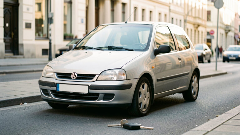 Petite voiture citadine d’occasion garée dans une rue urbaine, avec un reflet en forme de bouclier évoquant la protection et l’assurance.