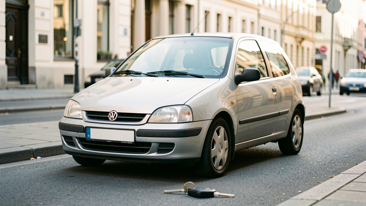 Petite voiture citadine d’occasion garée dans une rue urbaine, avec un reflet en forme de bouclier évoquant la protection et l’assurance.
