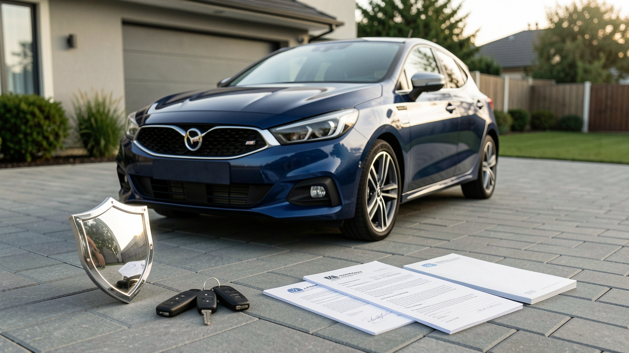 Voiture compacte haut de gamme garée dans une allée moderne, avec des clés, un symbole de protection et des documents neutres évoquant le choix d’une assurance adaptée.