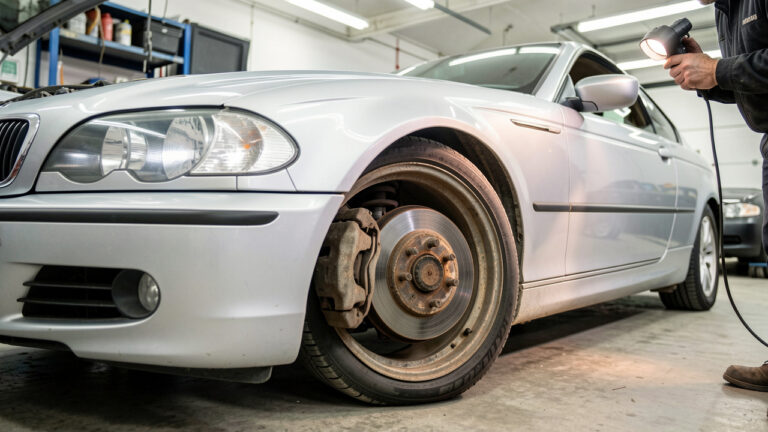 Berline compacte premium argentée dans un atelier automobile, avec un gros plan sur des disques de frein usés, des pneus vieillissants et des éléments de suspension inspectés.