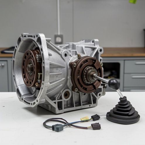Boîte de vitesses automatique 4HP20 destinée à une Peugeot 406 V6, présentée sur un établi d’atelier avec son carter en aluminium et ses composants mécaniques visibles.