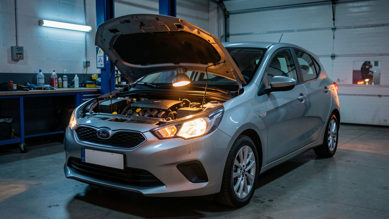 Voiture compacte moderne inspectée dans un garage, avec le capot entrouvert et plusieurs voyants d’alerte lumineux sur le tableau de bord.