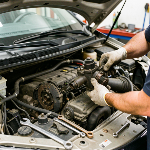 Remplacement d’un émetteur d’embrayage avec outils de réparation près du compartiment moteur d’une voiture.