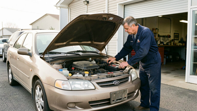 Berline compacte d’occasion bien entretenue devant un garage, avec le capot ouvert et un mécanicien inspectant soigneusement le moteur.