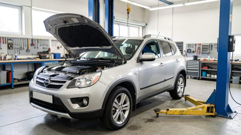 SUV familial compact d’occasion non marqué, inspecté dans un atelier automobile avec le capot ouvert et des outils d’entretien visibles.