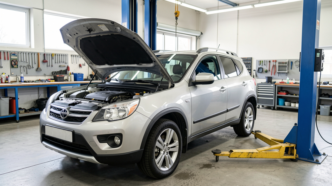 SUV familial compact d’occasion non marqué, inspecté dans un atelier automobile avec le capot ouvert et des outils d’entretien visibles.