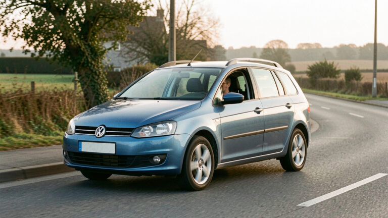 Voiture familiale compacte d’occasion en bon état roulant d’une route urbaine vers une route de campagne, illustrant le choix d’un modèle fiable selon ses trajets et son budget.