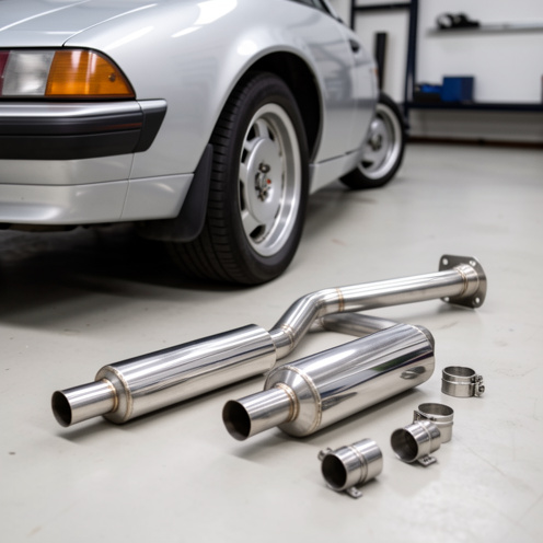 Ligne d’échappement en acier inoxydable disposée à côté d’un coupé sportif français argenté dans un atelier automobile.