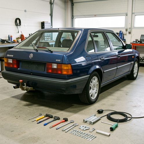 Vue arrière d’une Peugeot 406 équipée d’un attelage amovible, avec les outils et les pièces de montage disposés dans un garage.