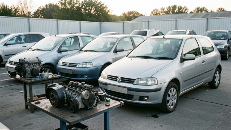 Plusieurs générations d’une citadine compacte d’occasion bien entretenue, présentées dans un espace d’inspection automobile avec des composants moteur visibles.