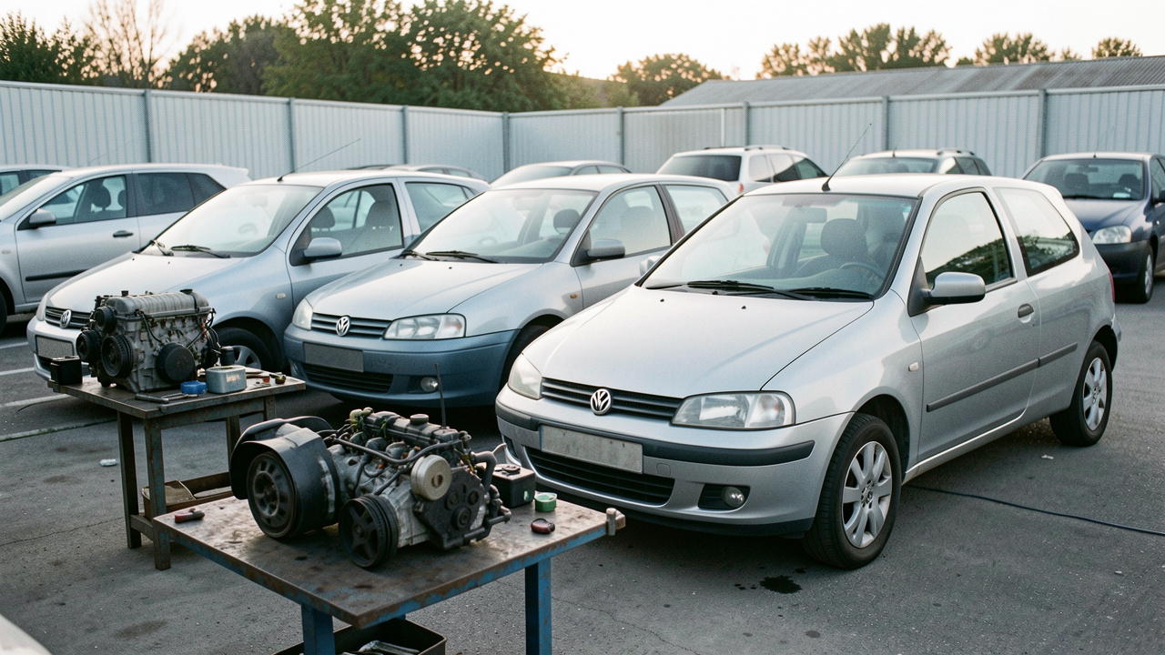 Plusieurs générations d’une citadine compacte d’occasion bien entretenue, présentées dans un espace d’inspection automobile avec des composants moteur visibles.