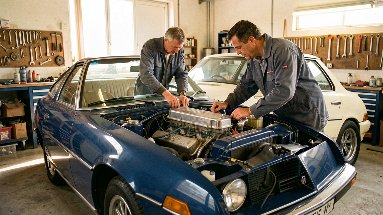 Deux passionnés inspectent ensemble un coupé français des années 1990 dans un atelier de restauration automobile.