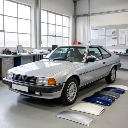 Coupé français classique des années 1990 présenté dans un atelier de restauration automobile avec plusieurs échantillons de peinture aux teintes argentée, graphite, bleu profond et blanc nacré.