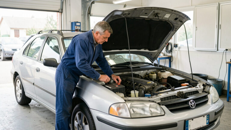 Une berline compacte d’occasion soigneusement entretenue est inspectée dans un garage par un mécanicien, avec le capot ouvert.