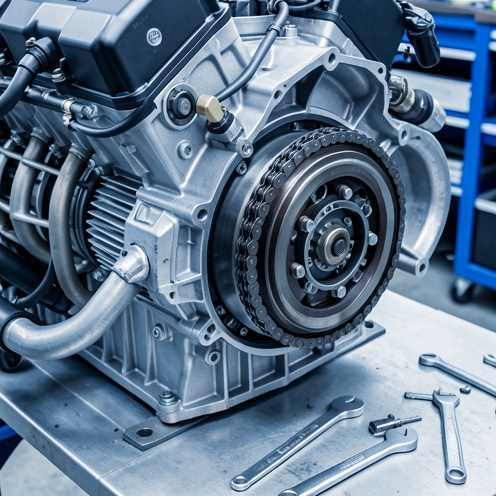 Vue rapprochée d’un moteur diesel avec la chaîne d’arbre à cames exposée et des outils de précision disposés à proximité pour son contrôle et son remplacement.