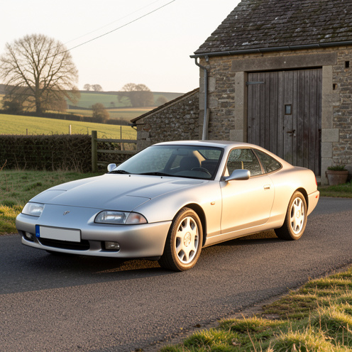Coupé français des années 1990 à moteur V6, présenté sous une lumière dorée près d’un ancien garage en pierre.