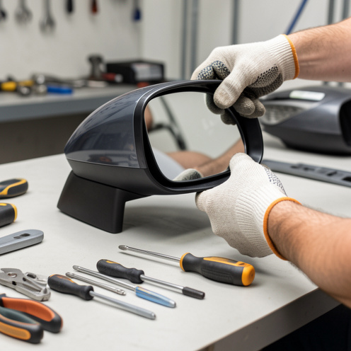 Mains gantées démontant délicatement le miroir et la coque d’un rétroviseur automobile sur un établi avec des outils.
