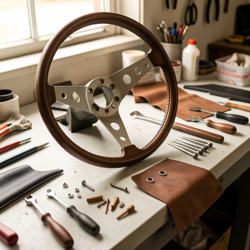 Volant de coupé ancien démonté et en cours de rénovation sur un établi d’atelier, entouré d’outils et de pièces soigneusement rangées.