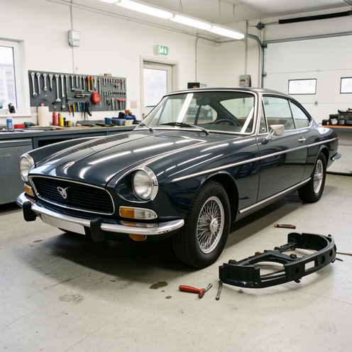 Avant d’un coupé français classique dans un atelier automobile, avec le pare-chocs démonté et restauré posé à côté du véhicule.