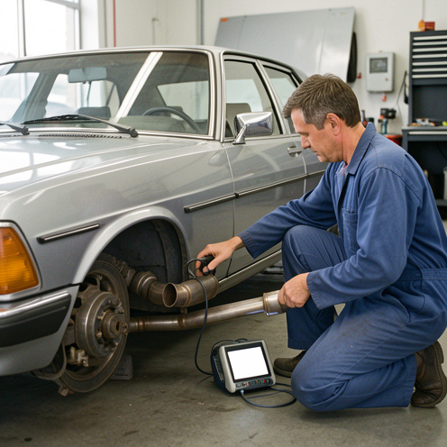 Un mécanicien examine le système d’échappement d’une ancienne berline française dans un atelier automobile.