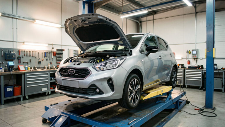 Voiture compacte sur un pont élévateur dans un garage, avec la boîte automatique et les outils de diagnostic inspectés avant réparation.
