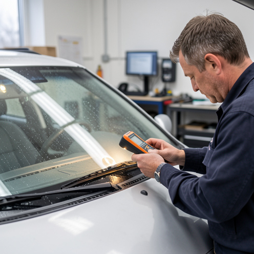 Un technicien automobile examine le capteur de pluie installé derrière le pare-brise d’une berline française argentée dans un atelier.