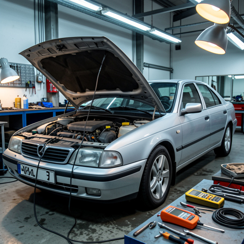 Berline familiale française ancienne dans un atelier automobile, capot ouvert avec un câble de diagnostic relié au compartiment moteur et des outils disposés à proximité.