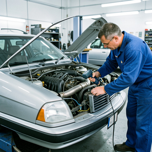 Mécanicien examinant le moteur d’une ancienne berline française à l’aide d’un appareil de diagnostic dans un atelier automobile.