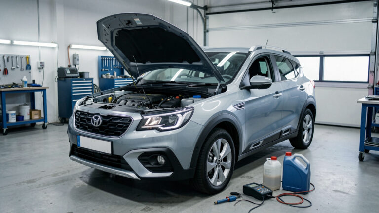 Un crossover compact dans un atelier automobile, capot ouvert, avec une jauge d’huile et des outils de diagnostic utilisés pour contrôler le niveau d’huile du moteur.