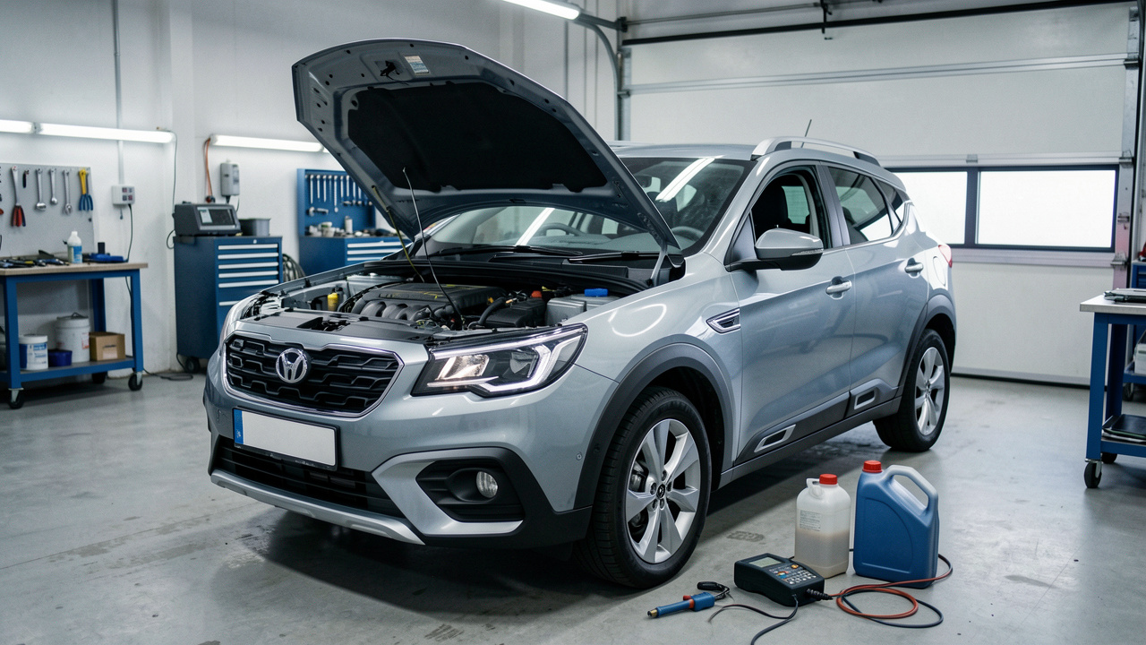 Un crossover compact dans un atelier automobile, capot ouvert, avec une jauge d’huile et des outils de diagnostic utilisés pour contrôler le niveau d’huile du moteur.