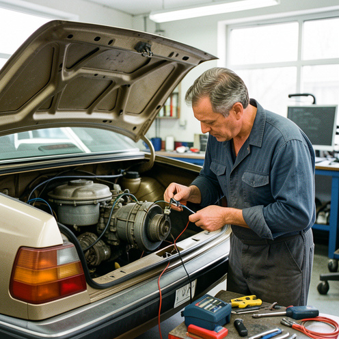 Un mécanicien automobile diagnostique et répare la pompe à essence d’une ancienne berline dans un atelier, avec des outils et un multimètre.