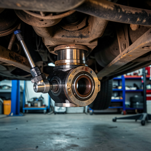 Vue détaillée d’un roulement de palier de cardan sous un véhicule surélevé, contrôlé avec un comparateur dans un atelier automobile.