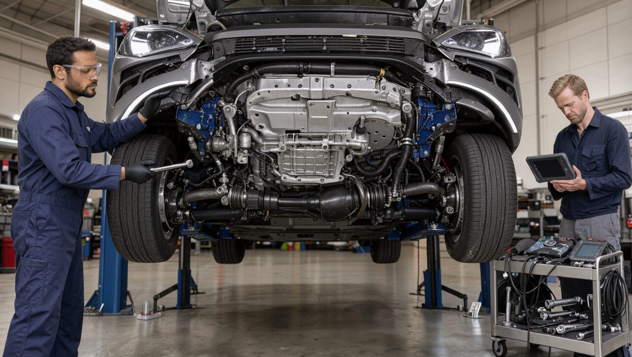 Crossover compact sur un pont élévateur dans un atelier, avec la boîte automatique et la transmission inspectées avec soin.
