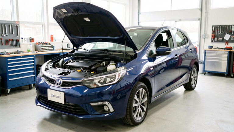 Voiture compacte bleu foncé soigneusement inspectée dans un atelier automobile propre et lumineux, capot ouvert et outils d’entretien visibles.
