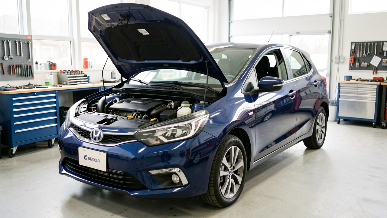 Voiture compacte bleu foncé soigneusement inspectée dans un atelier automobile propre et lumineux, capot ouvert et outils d’entretien visibles.