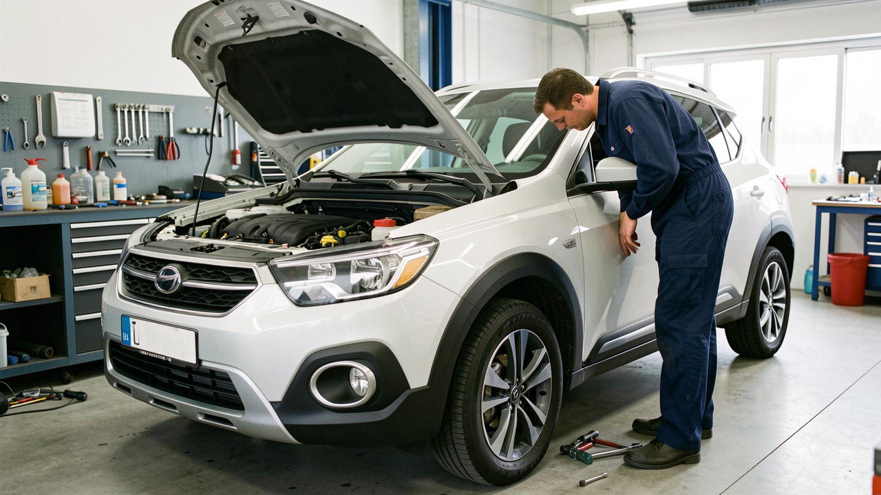 Un mécanicien inspecte soigneusement le moteur, les freins, les pneus et les niveaux de liquides d’un SUV compact dans un atelier automobile.