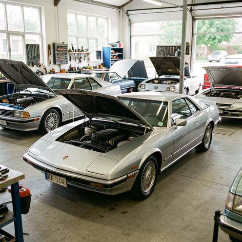 Un élégant coupé français des années 1990 restauré, entouré de véhicules similaires dans un atelier communautaire lumineux.