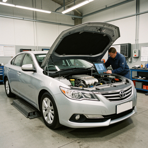 Berline diesel argentée dans un atelier automobile, capot ouvert et système antipollution examiné avec du matériel de diagnostic.