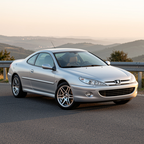 Peugeot 406 Coupé argenté équipé de jantes en alliage de style Tacoma, photographié de trois quarts dans un décor routier européen élégant.