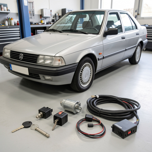 Kit de démarrage automobile composé d’un contacteur, d’une clé, d’un relais, d’un faisceau électrique et d’un module de commande présenté à côté d’une Peugeot 406.