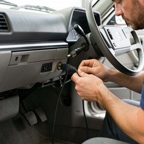 Gros plan sur un mécanicien branchant un câble de diagnostic à la prise OBD située sous le tableau de bord d’une Peugeot 406.