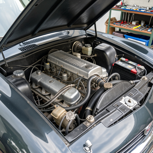 Moteur diesel 2,2 litres soigneusement entretenu dans le compartiment moteur d’un coupé français classique, avec ses composants mécaniques et des outils de maintenance à proximité.