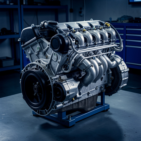 Moteur V6 automobile présenté dans un atelier propre, avec ses composants métalliques, durites et éléments mécaniques visibles.