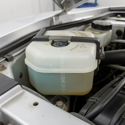 Vue rapprochée du réservoir d’additif gasoil presque vide dans le compartiment moteur d’une Peugeot 406.