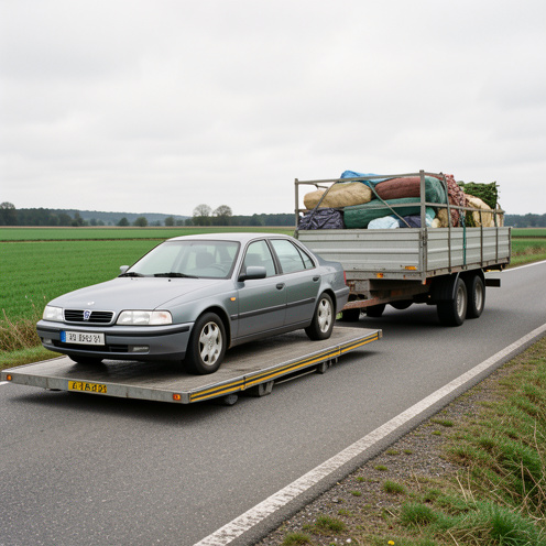 Berline Peugeot 406 HDi tractant une remorque utilitaire sur une plateforme de pesée, illustrant ses capacités de remorquage et son poids total autorisé en charge.